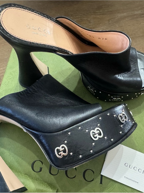 Gucci Shoes - Gucci Black Leather Platform Mule Clogs with Silver GG Stud Accents